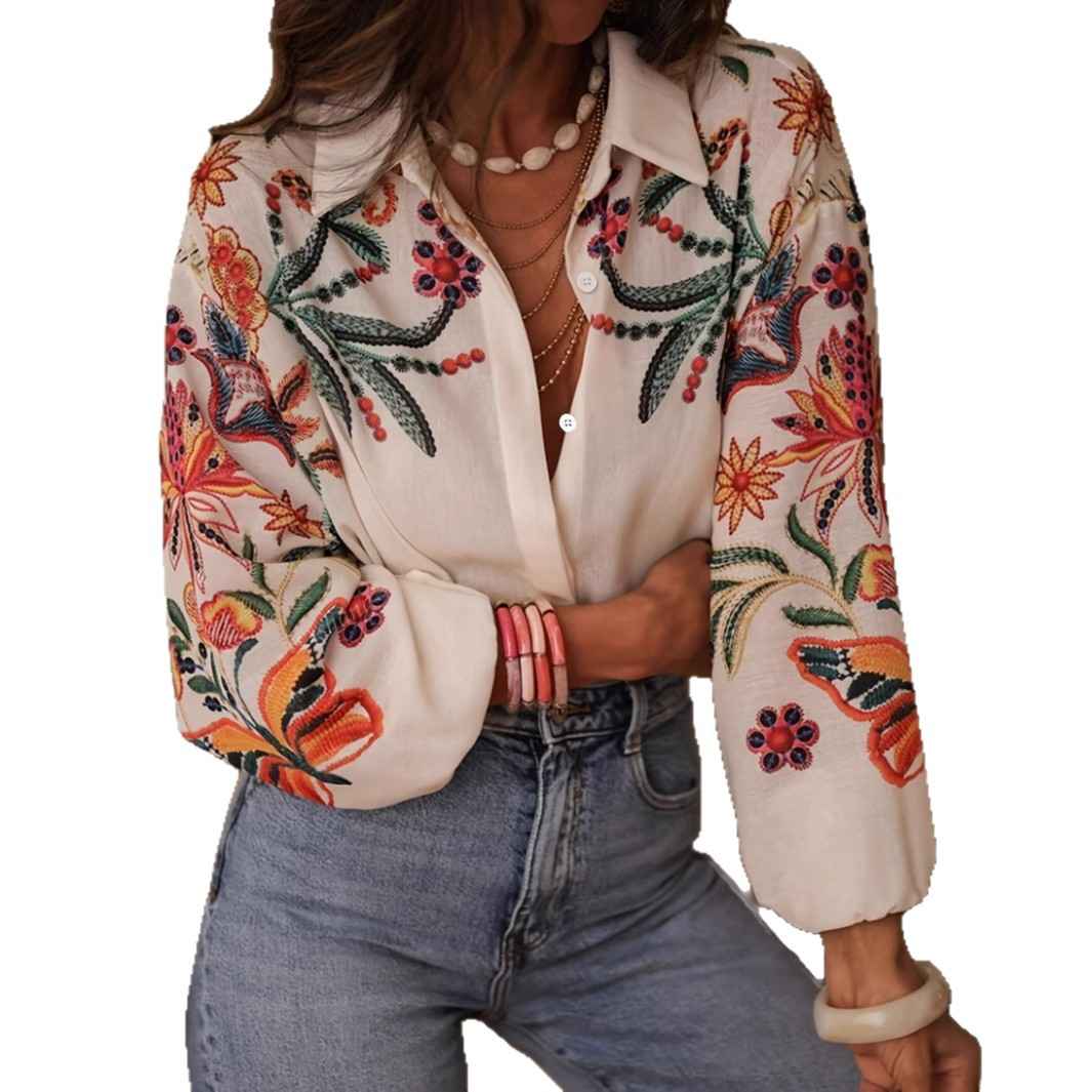 Style loose long sleeve digital print shirt top - MODALIFE