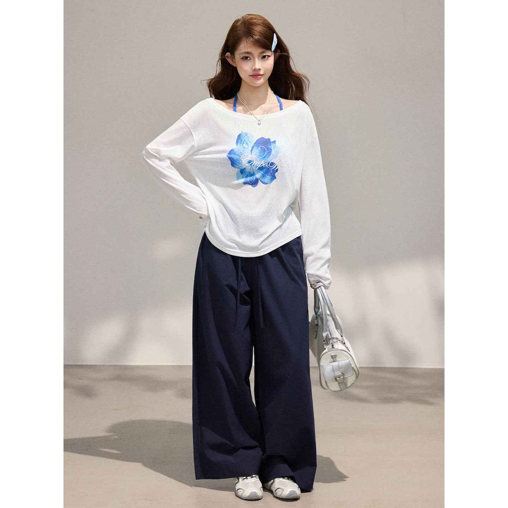 Long Sleeve Cardigan for Women,  Two-Piece Set with Floral Print, Tencel Chiffon Off-Shoulder Top