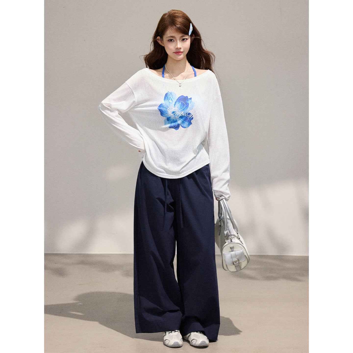 Long Sleeve Cardigan for Women,  Two-Piece Set with Floral Print, Tencel Chiffon Off-Shoulder Top
