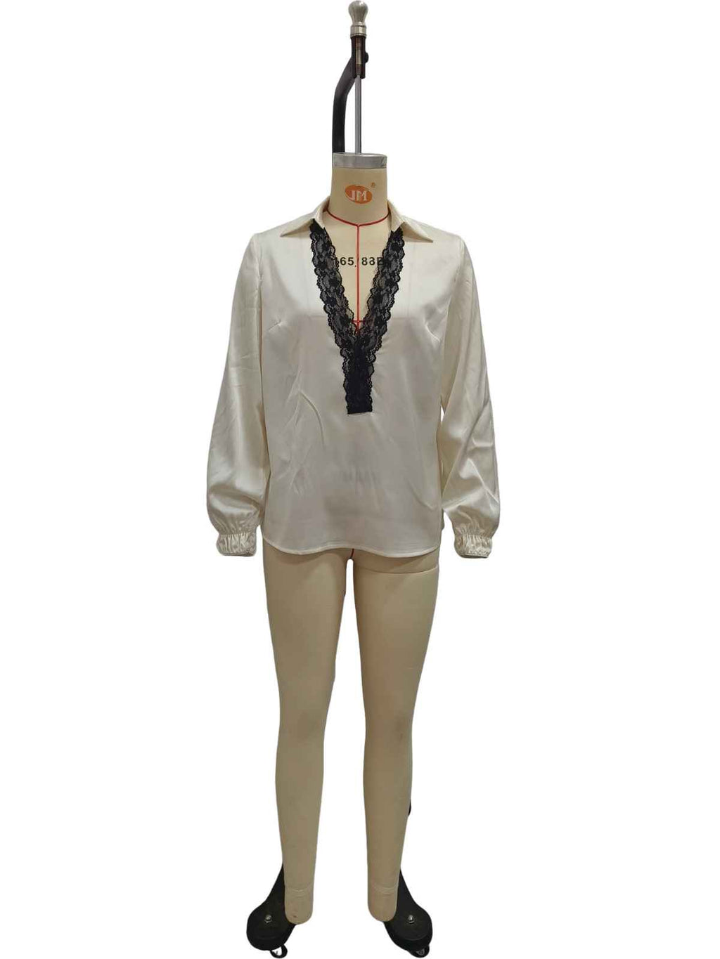 V-neck shirt women's contrasting black lace patchwork lantern long sleeved top - MODALIFE