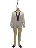V-neck shirt women's contrasting black lace patchwork lantern long sleeved top - MODALIFE