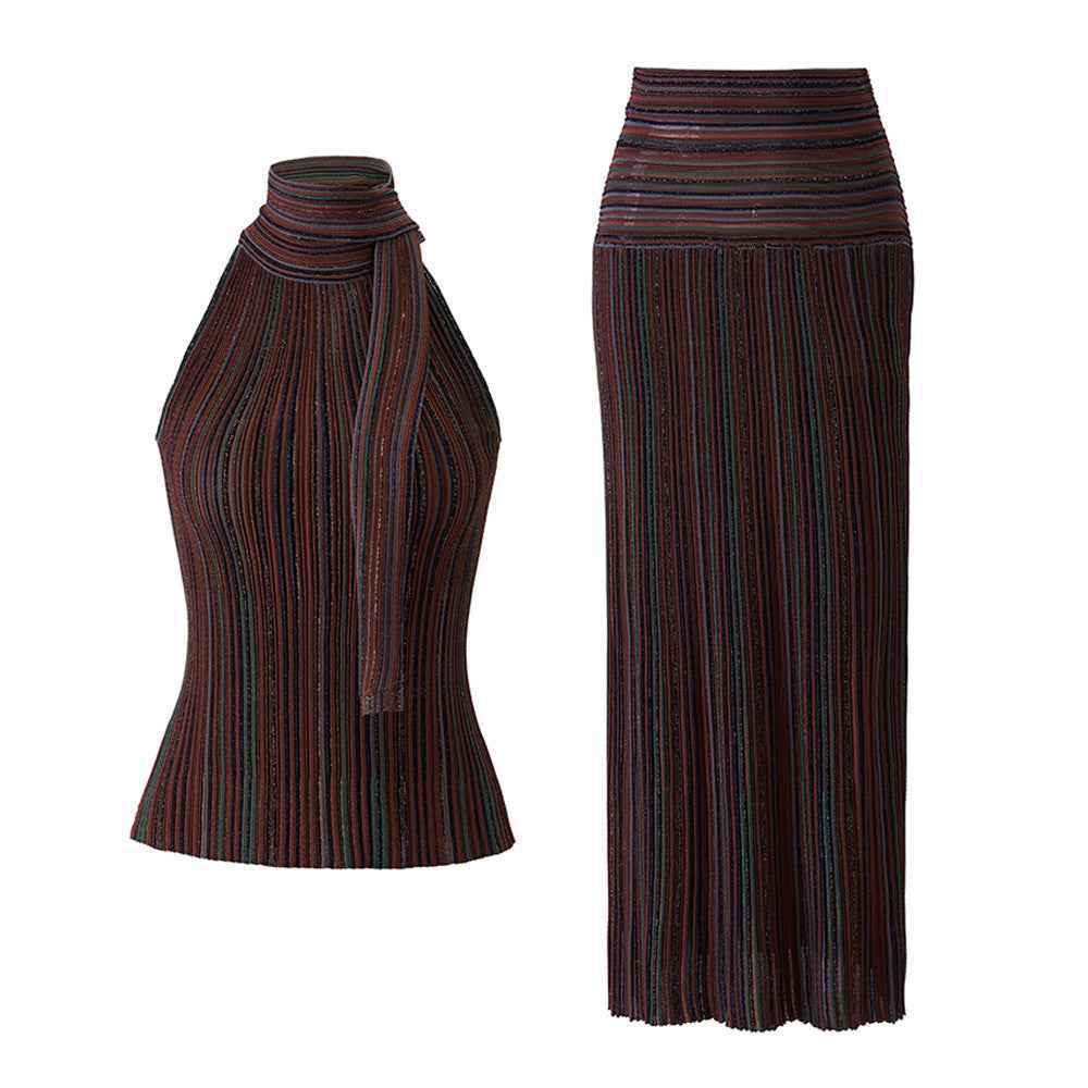 Striped sleeveless vest skirt set