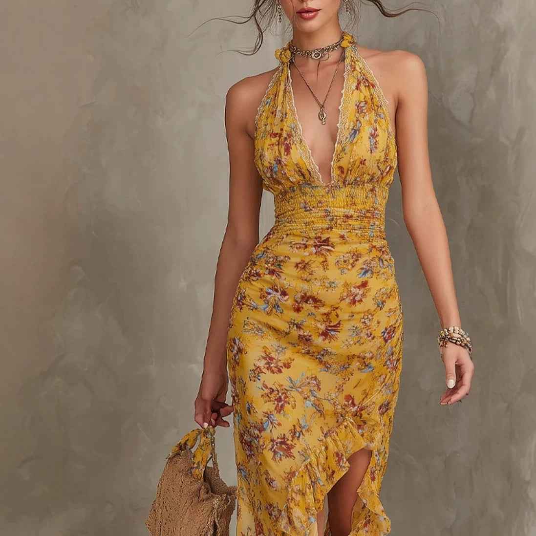 French Vintage Yellow Floral Halter Neck Dress Deep V Waist-Cinching Split Ruffle Slimming Elegant Dress - MODALIFE