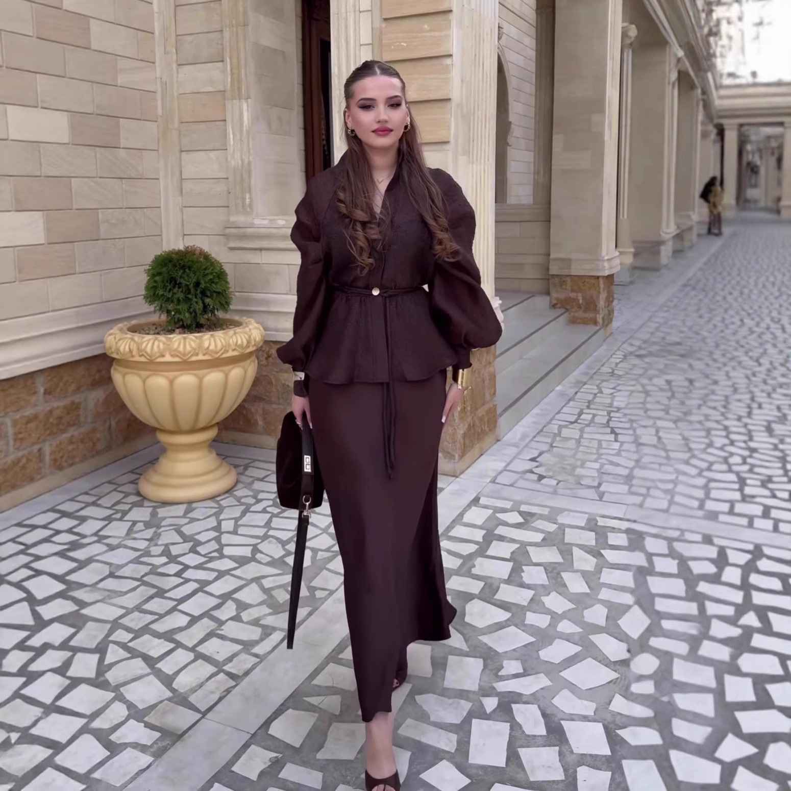 Chic V-Neck Fitted Long Sleeve Cardigan Top with High-Waisted Skirt Set for Women - MODALIFE