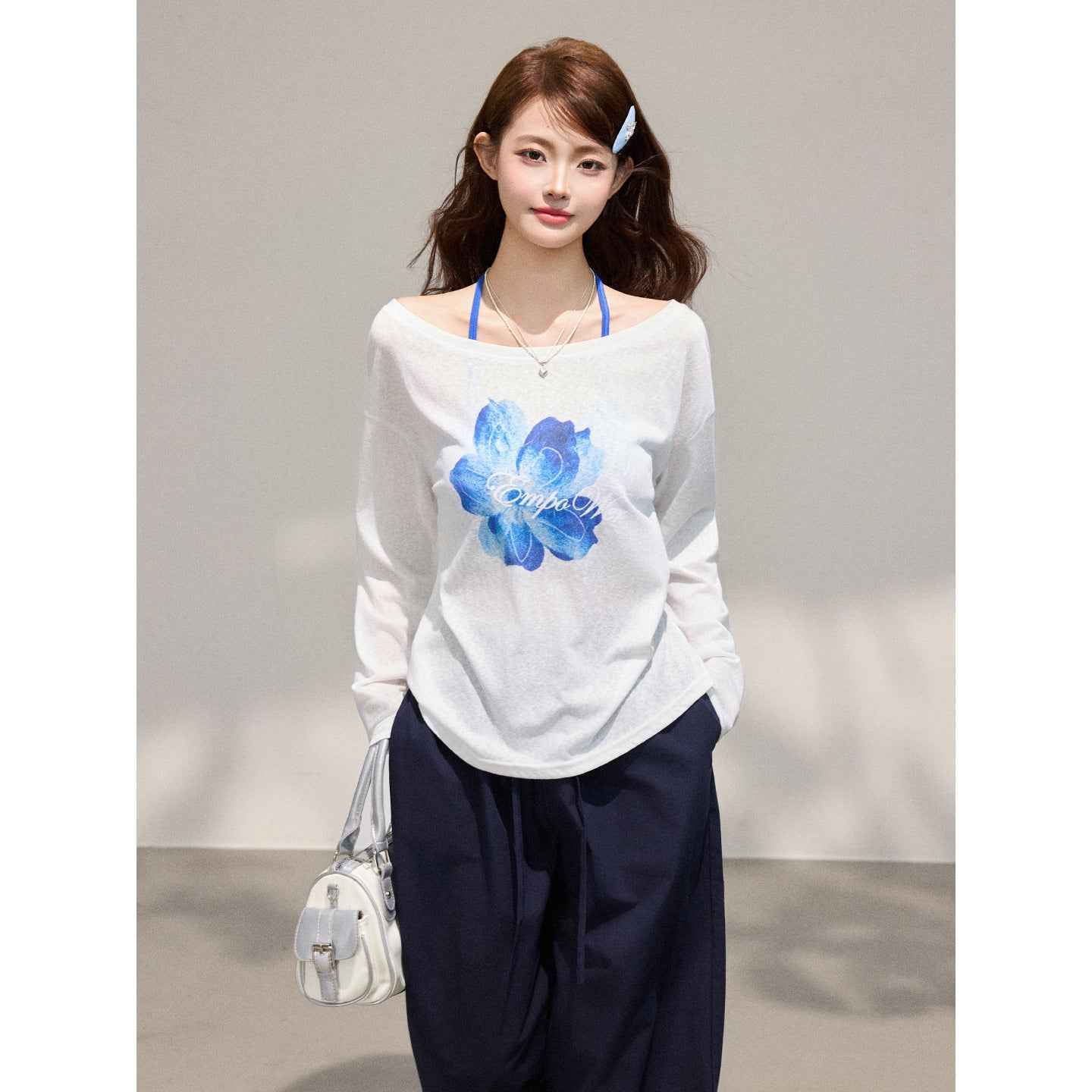 Long Sleeve Cardigan for Women,  Two-Piece Set with Floral Print, Tencel Chiffon Off-Shoulder Top