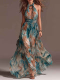 Hang Neck Backless Ink Print Vacation Style Casual Long Dress - MODALIFE