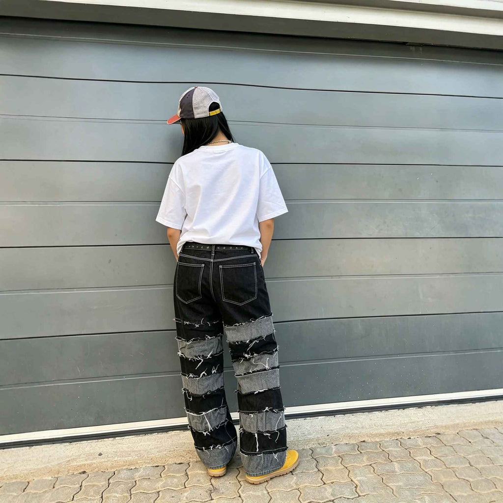 Street Deconstructed Black and Gray Patchwork Raw Hem Denim Pants - MODALIFE