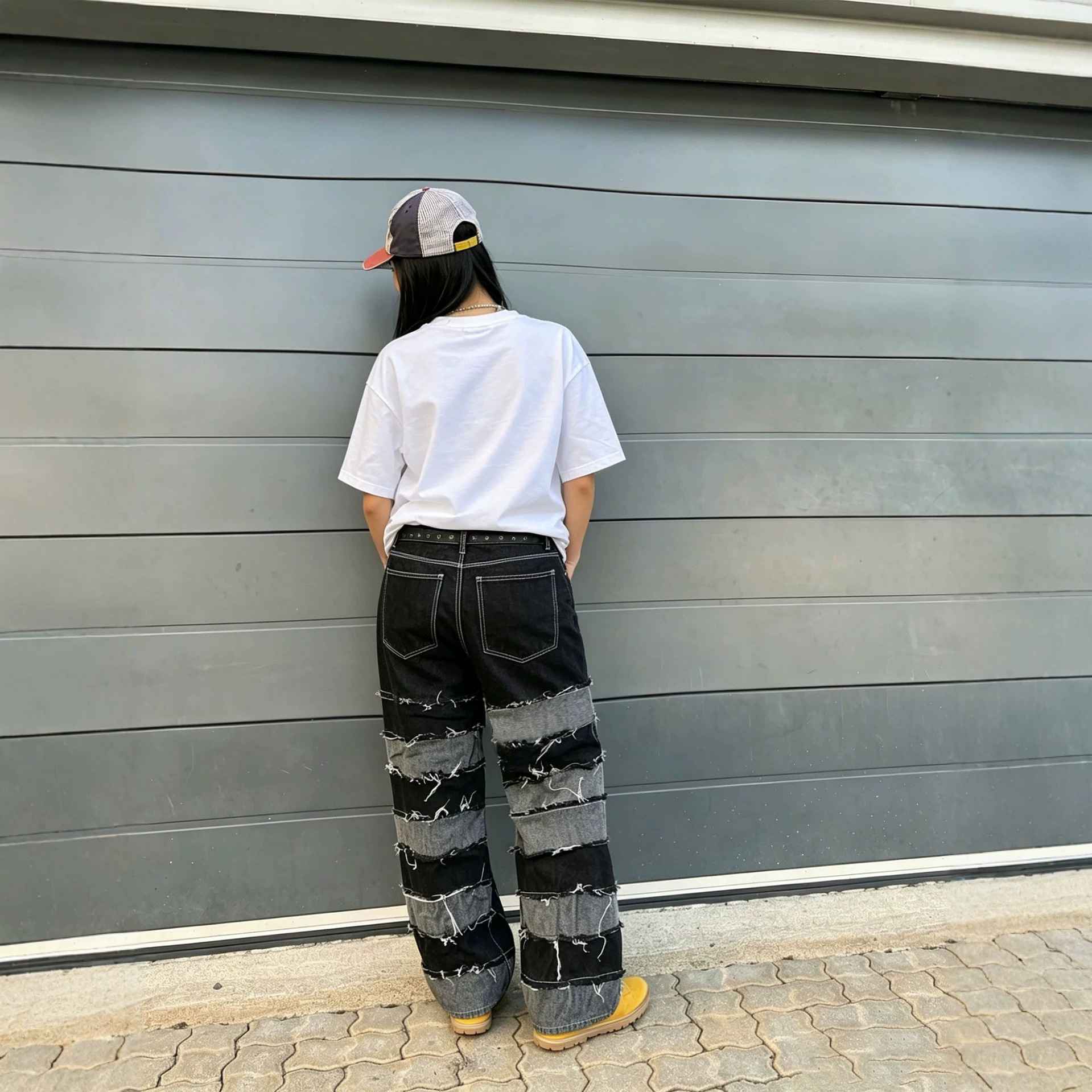 Street Deconstructed Black and Gray Patchwork Raw Hem Denim Pants - MODALIFE