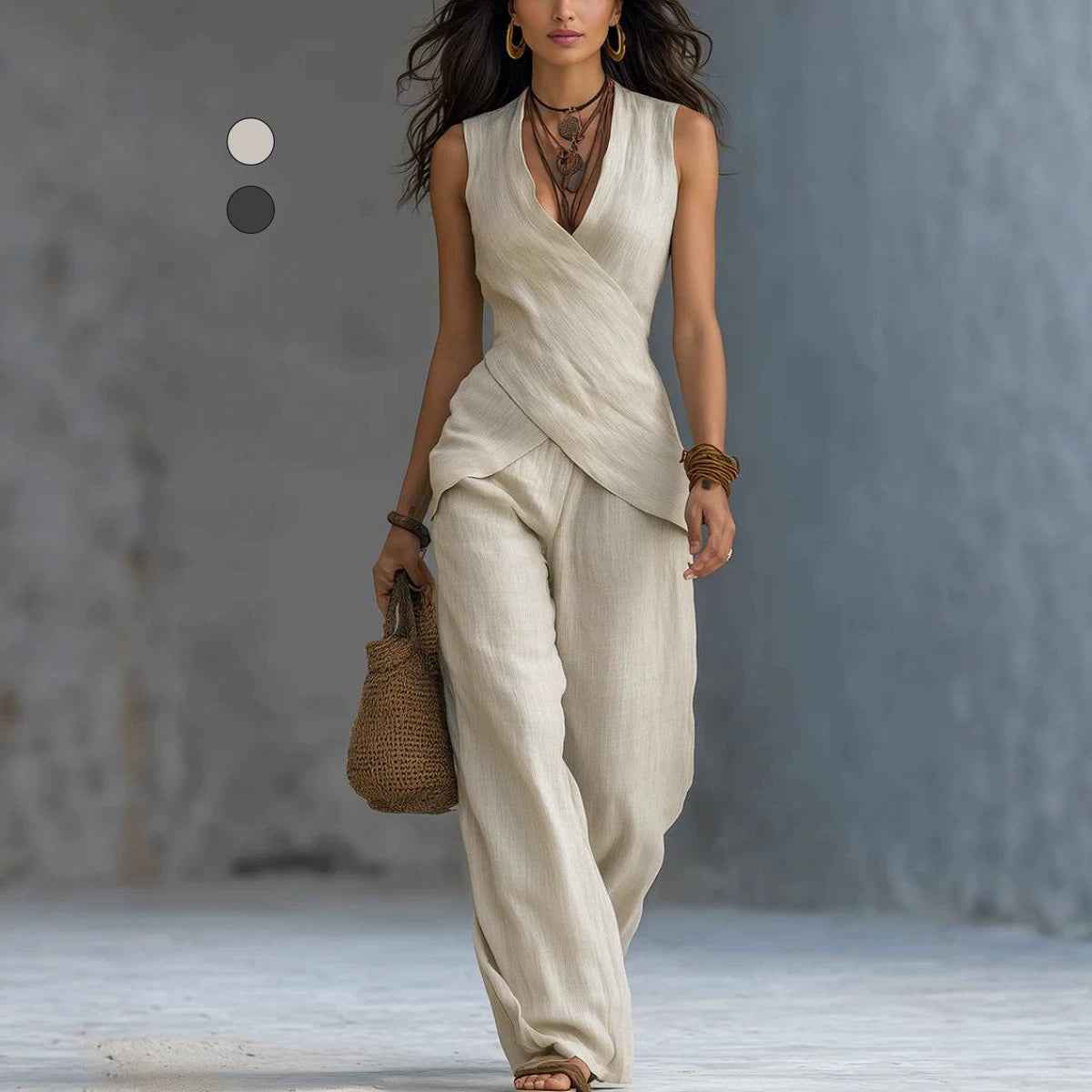 Sleeveless V-neck waist cinched top paired with wide leg pants set - MODALIFE