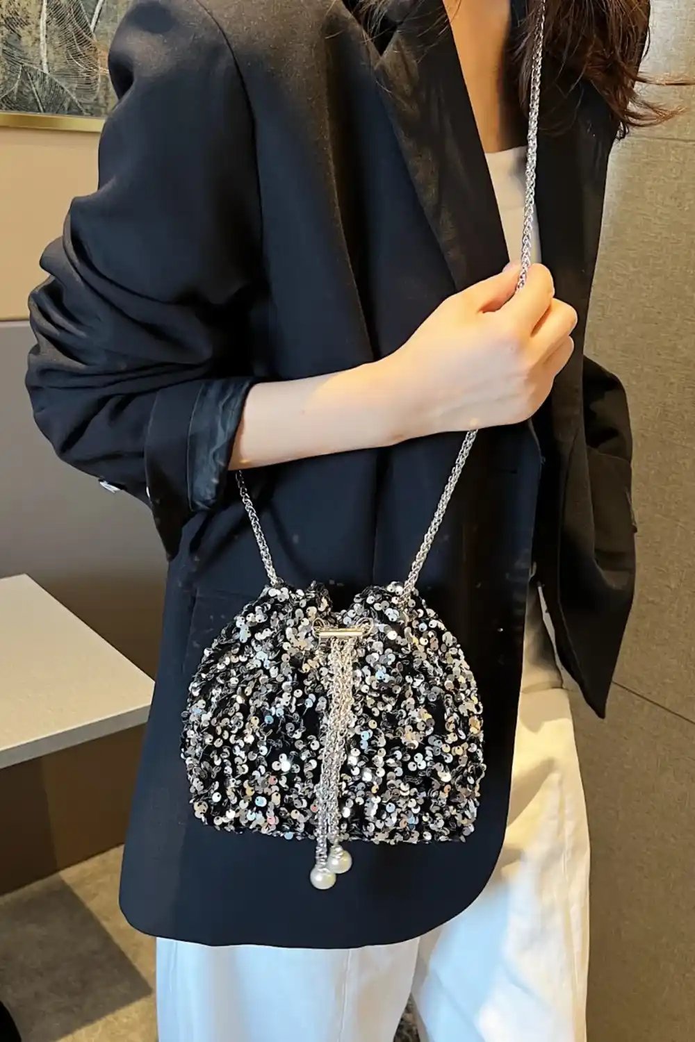Sequin Chain Drawstring Bucket Bag - MODALIFE