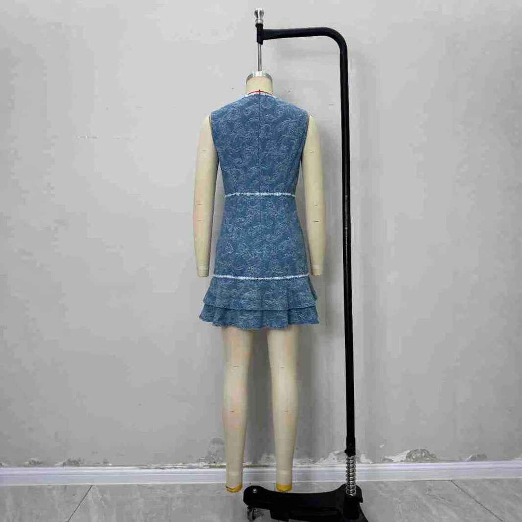 Sleeveless blue and white print element denim blue dress - MODALIFE