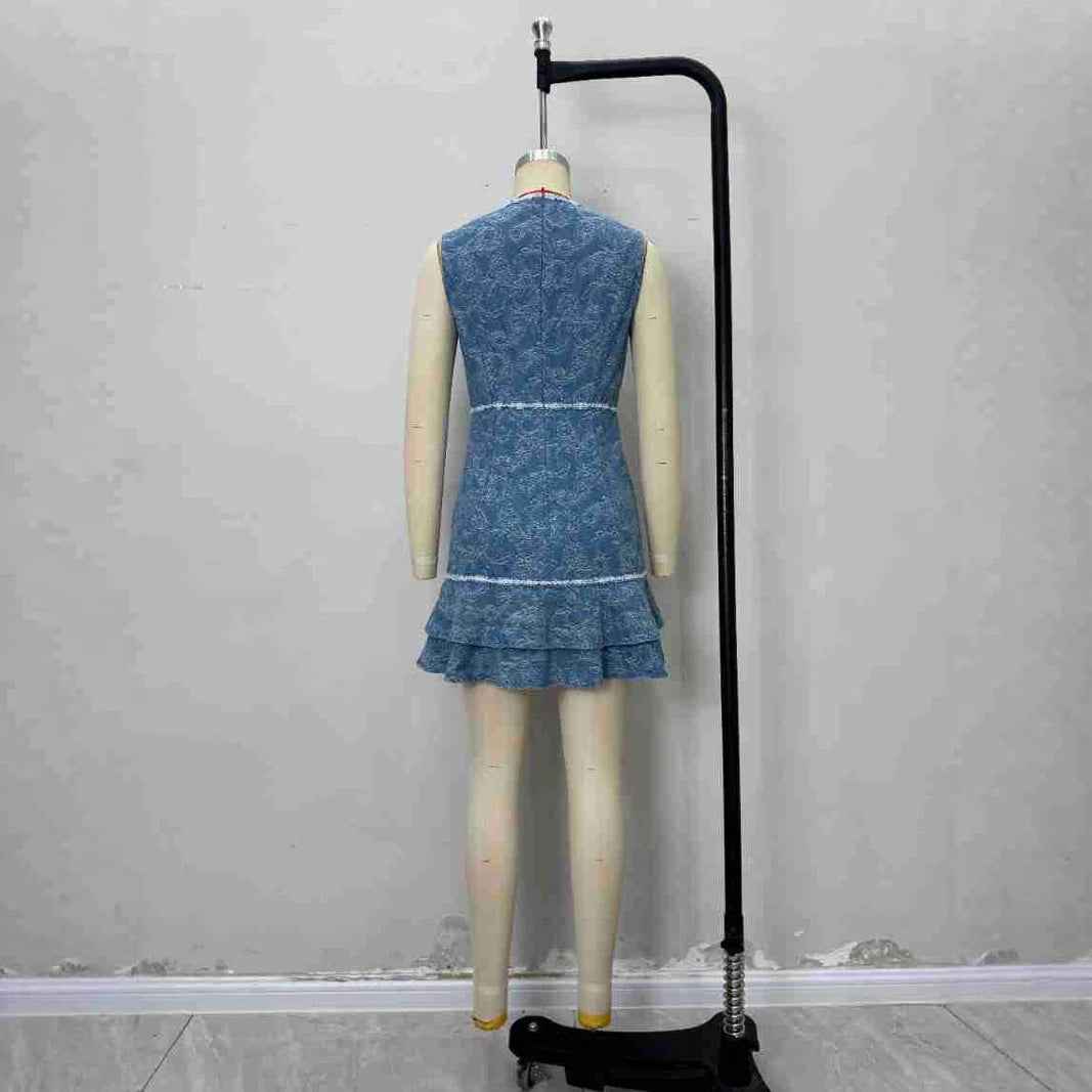 Sleeveless blue and white print element denim blue dress - MODALIFE