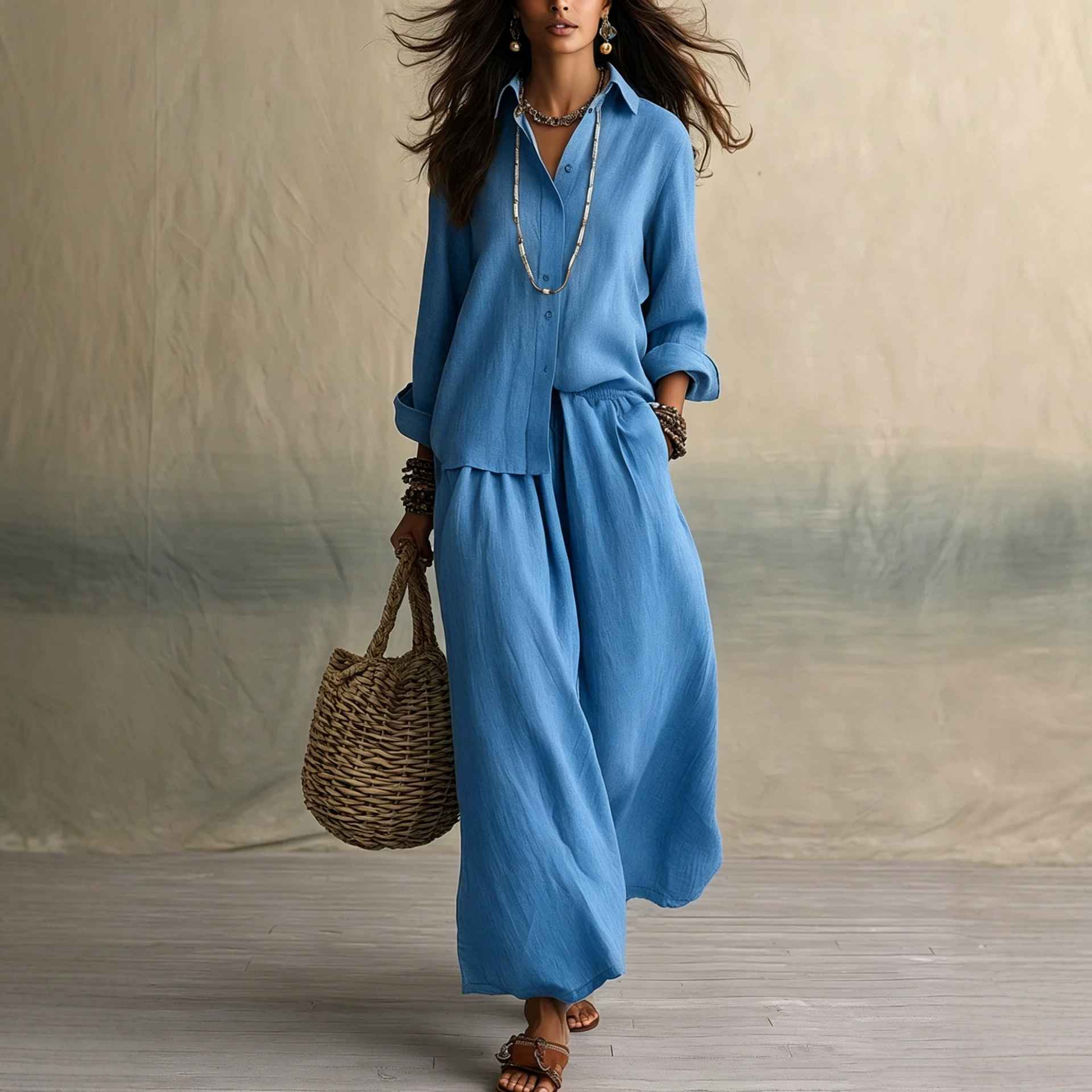 Summer High-End Shirt Collar Outfit Loose Cotton Linen Women's Set - MODALIFE