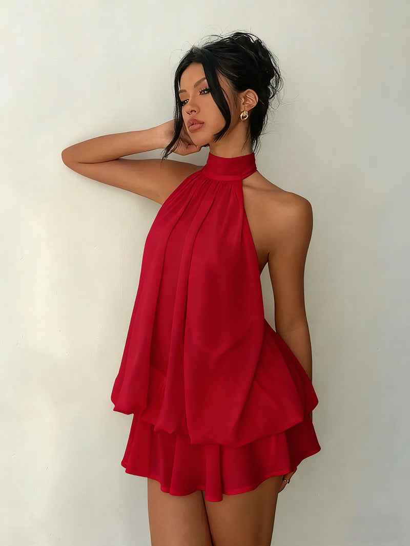 Women's vacation fitted sexy backless halter neck tie-waist dress with puffy short skirt - MODALIFE