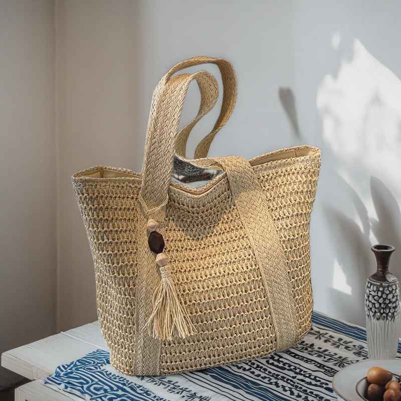 Large capacity commuting straw woven bag hand-held woven vacation style beach shoulder bag