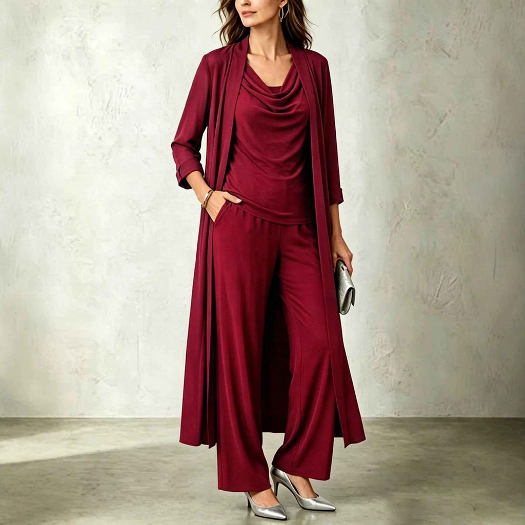Long sleeved swing collar top long cardigan jacket long pants three piece set - MODALIFE