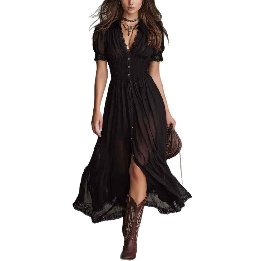 Cropped V-Neck Shirt Dress with Ruffled Hem and Side Slit, Dark Chic Style, Body-Con Fit, Long Skirt - MODALIFE