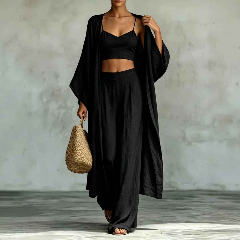 Loose cardigan short strap high waist wide leg pants set - MODALIFE