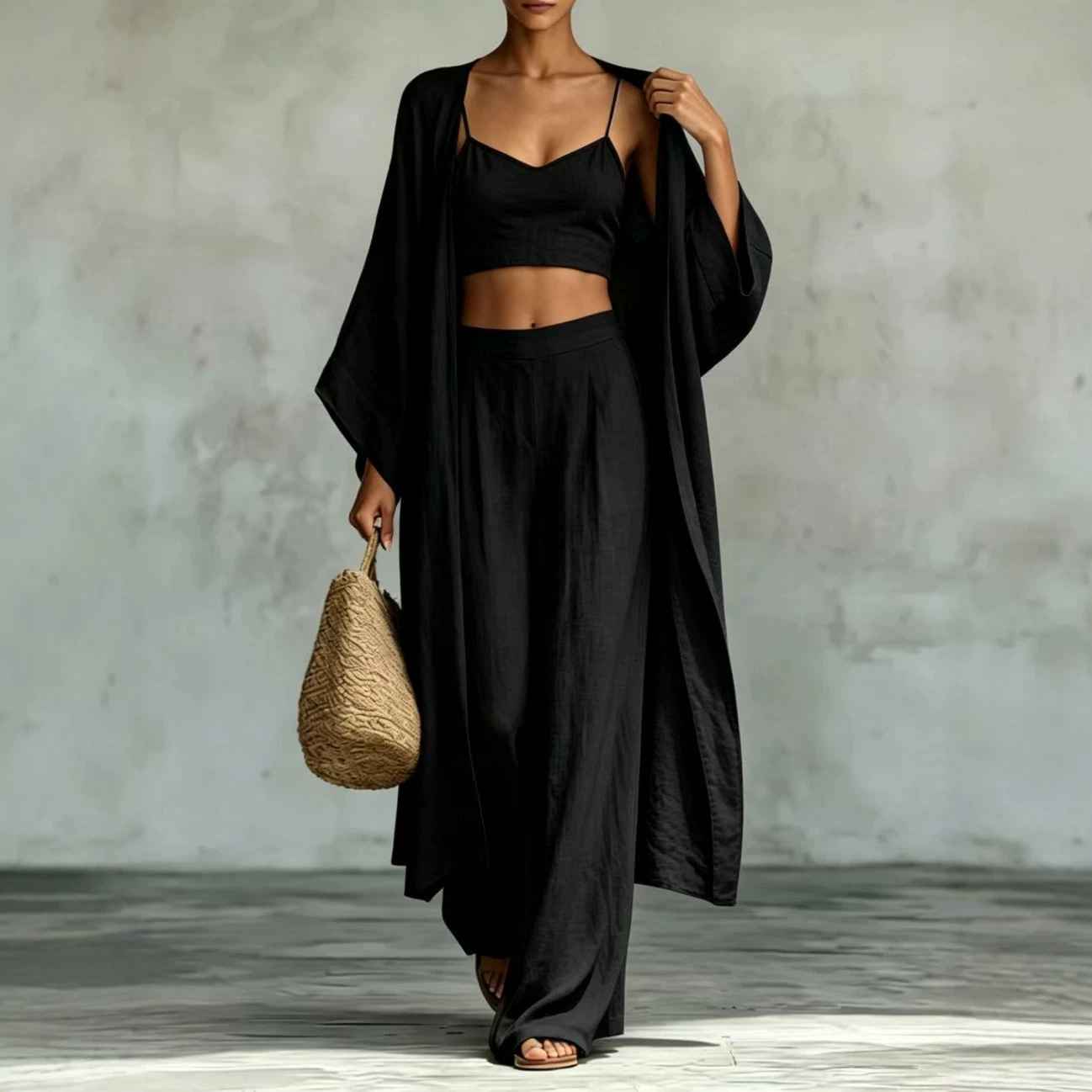 Loose cardigan short strap high waist wide leg pants set - MODALIFE