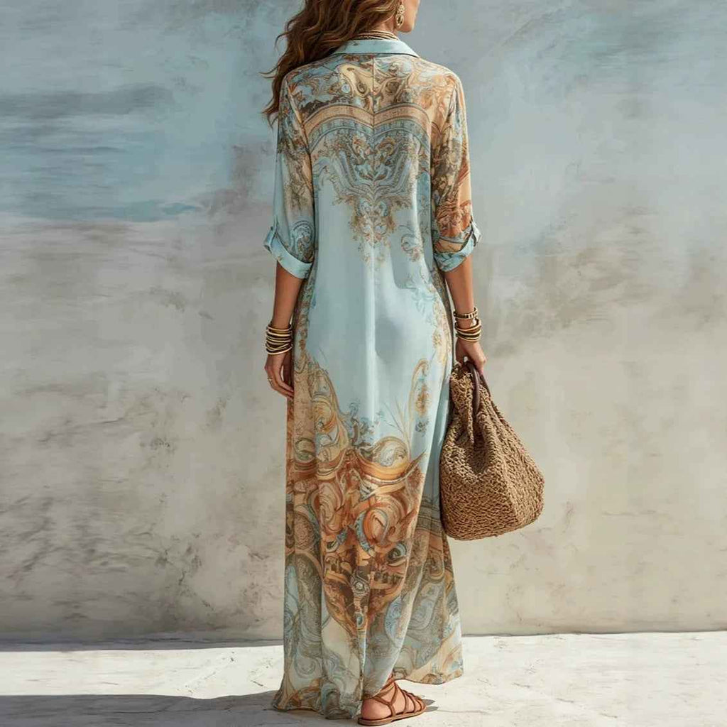 Blue Tone Printed Chiffon Turn-down Collar Split Resort Beach Dress