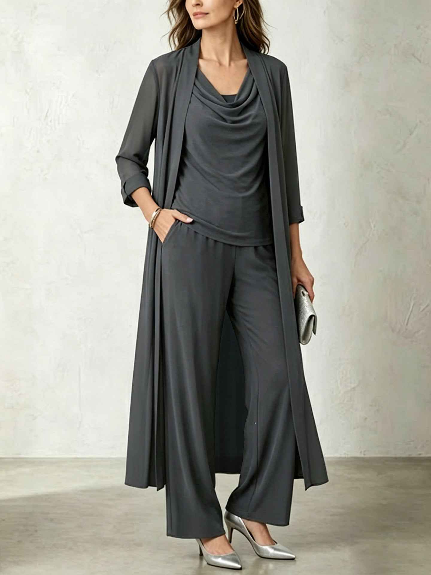 Long sleeved swing collar top long cardigan jacket long pants three piece set - MODALIFE