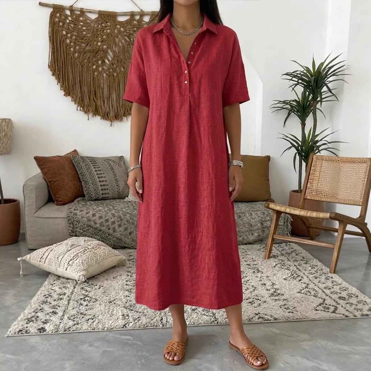Casual Straight Fit Comfortable Linen Short Sleeve Polo Neck Dress for Women - MODALIFE