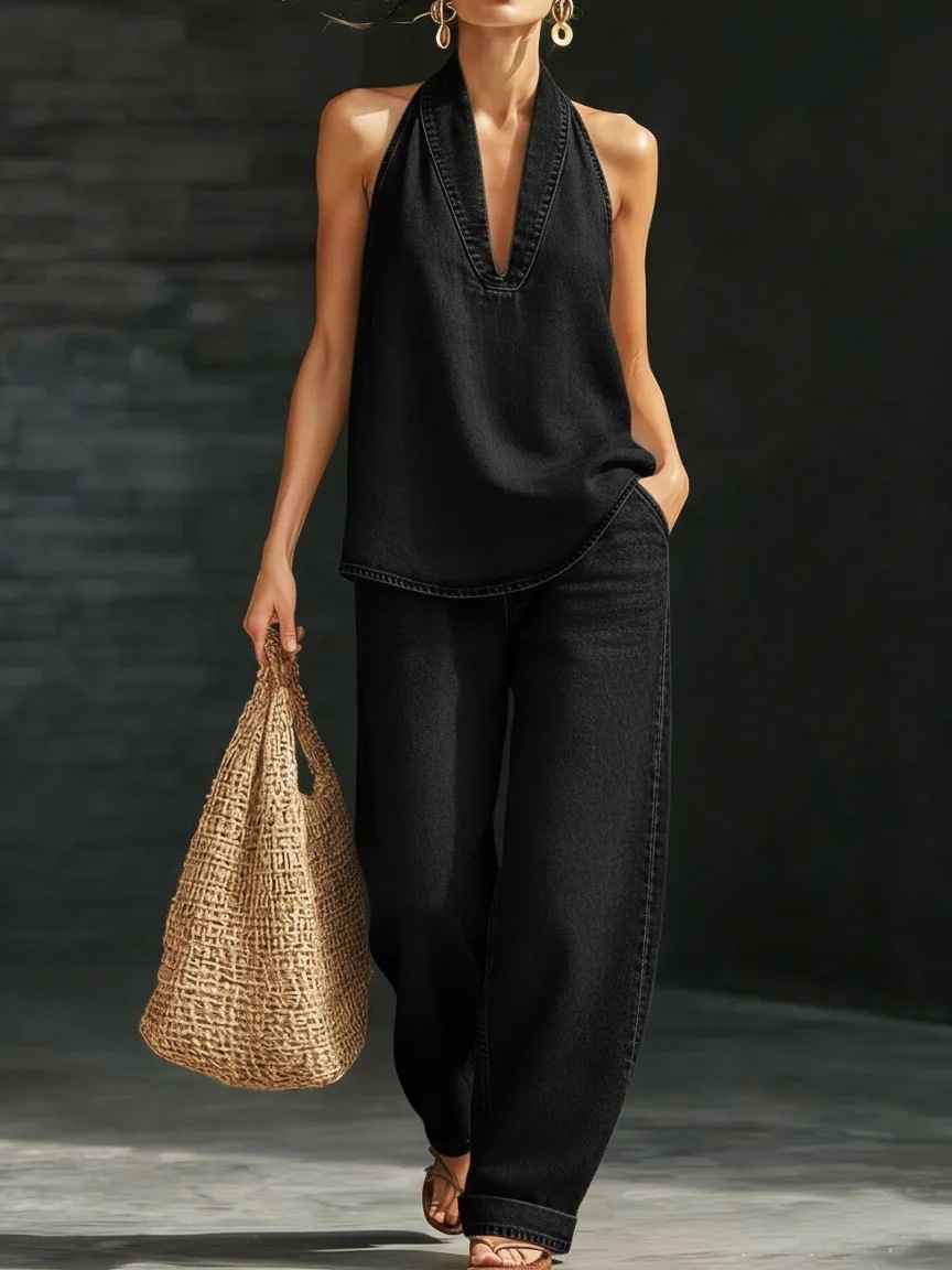 V-neck sleeveless top straight leg pants set - MODALIFE