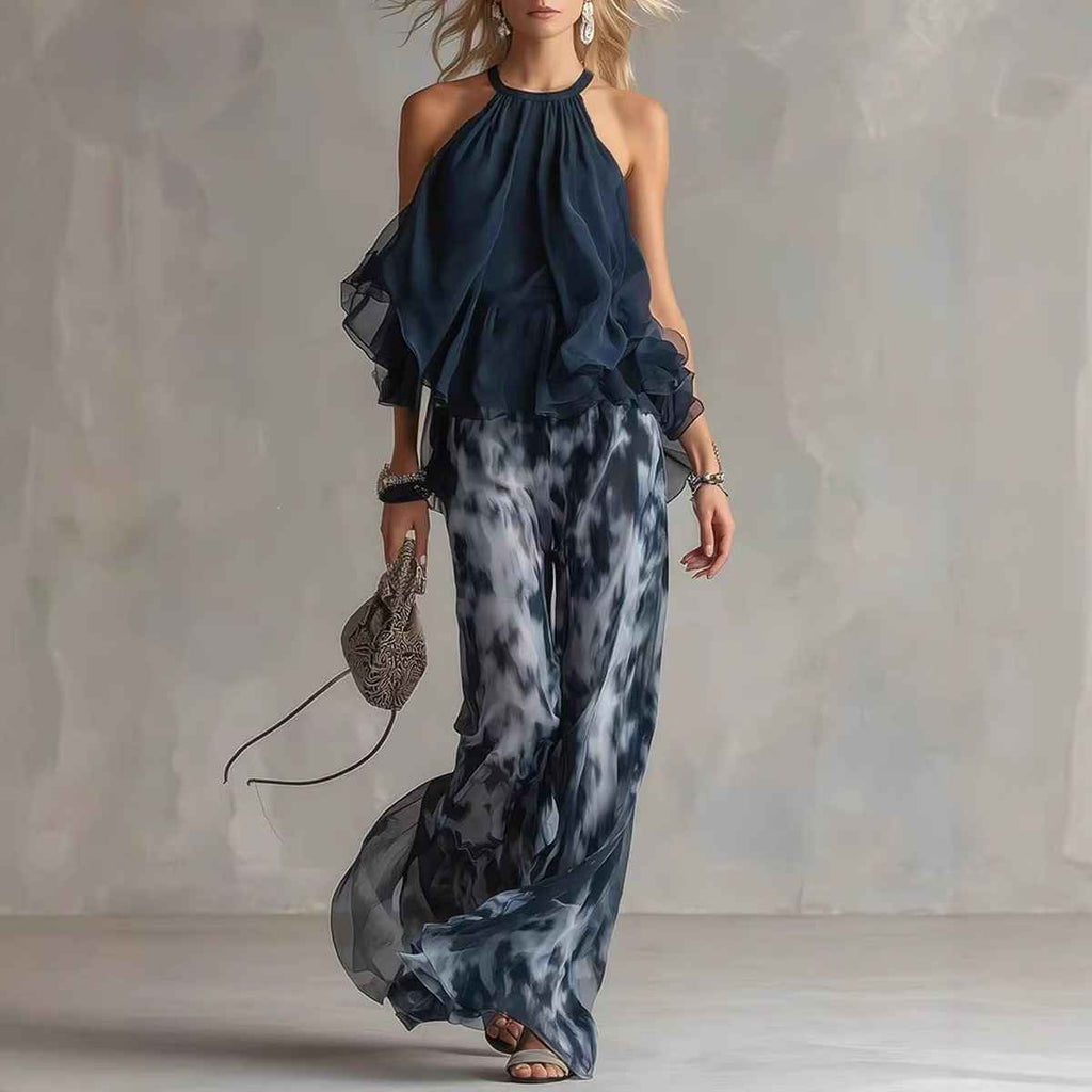 Sleeveless Halter Neck Top with Printed Wide Leg Pants Summer New Arrival - MODALIFE