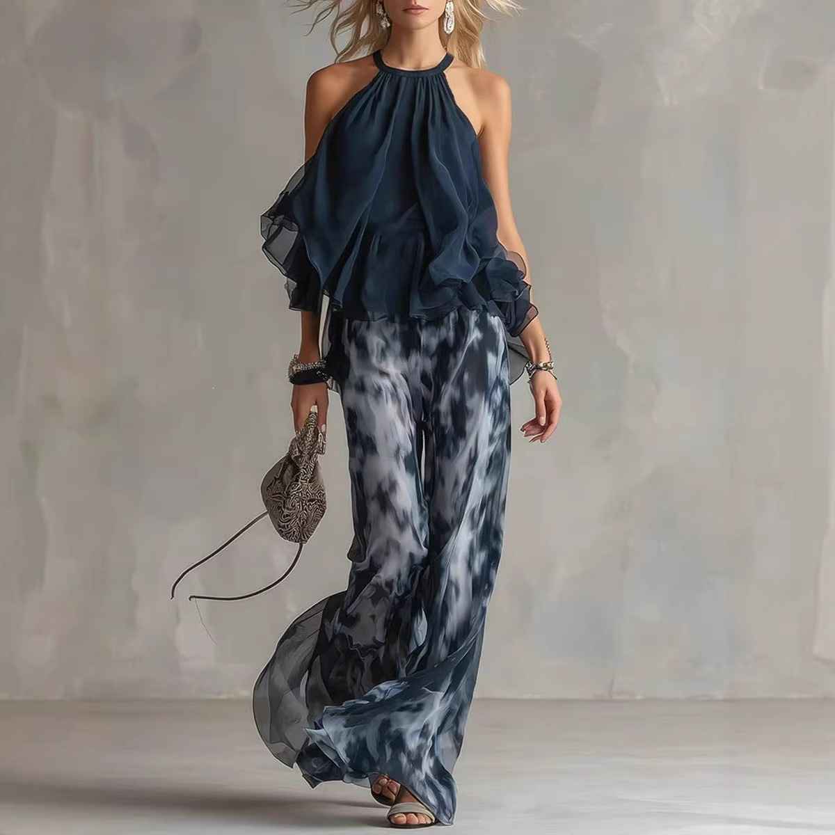 Sleeveless Halter Neck Top with Printed Wide Leg Pants Summer New Arrival - MODALIFE