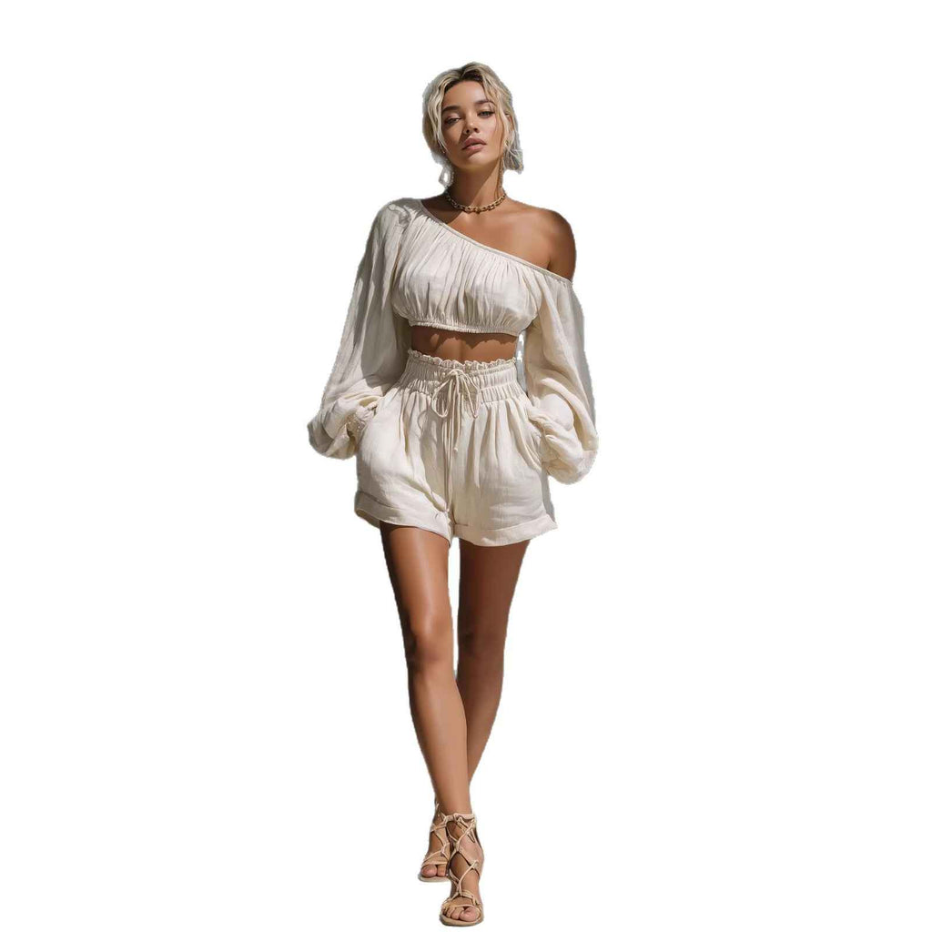 Shoulder long sleeved short top+high waisted casual shorts set for women - MODALIFE