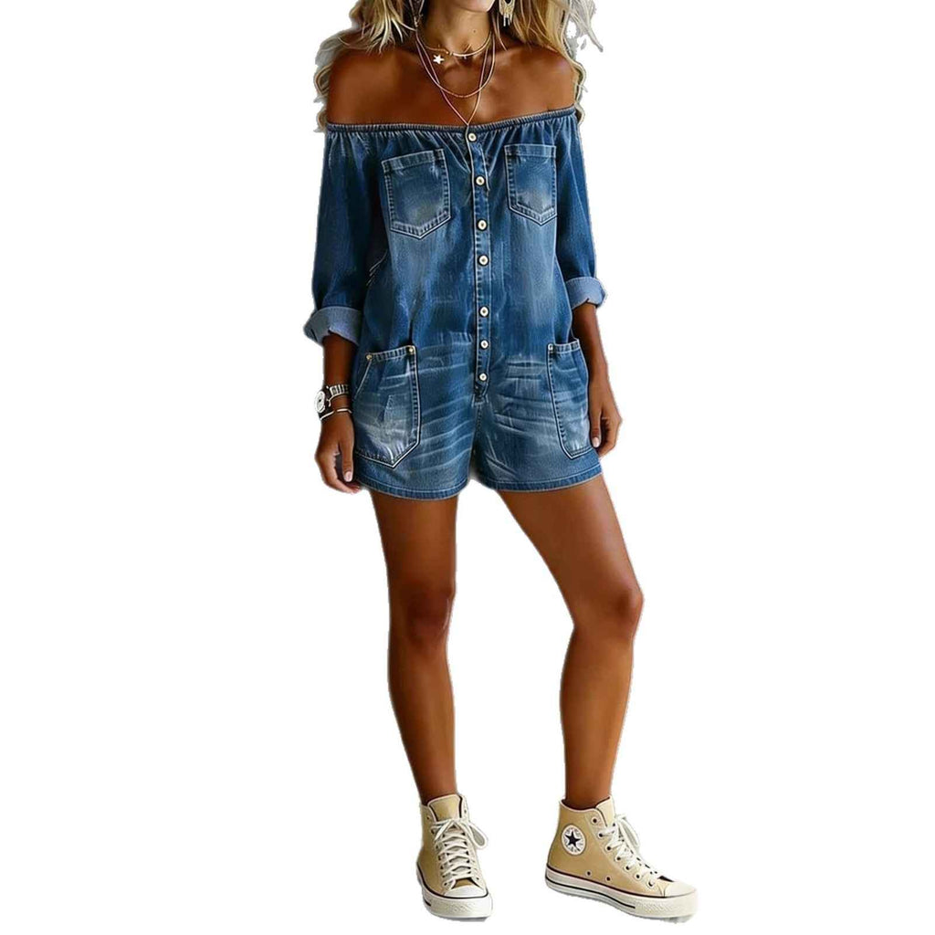 Fashion Vintage Off-Shoulder Long Sleeve Loose Denim Washed Jumpsuit for Women - MODALIFE