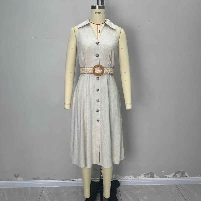 V-neck sleeveless breasted waistband A hem shirt dress for women - MODALIFE
