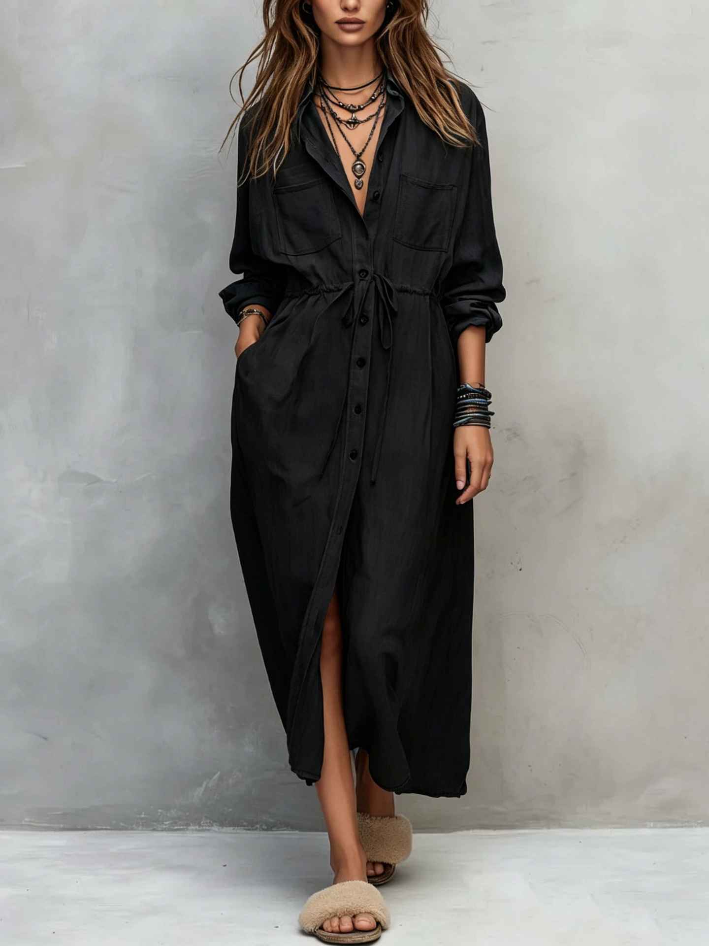 Spring and Autumn Casual Drawstring Waist Shirt Dress Loose Style for Women - MODALIFE