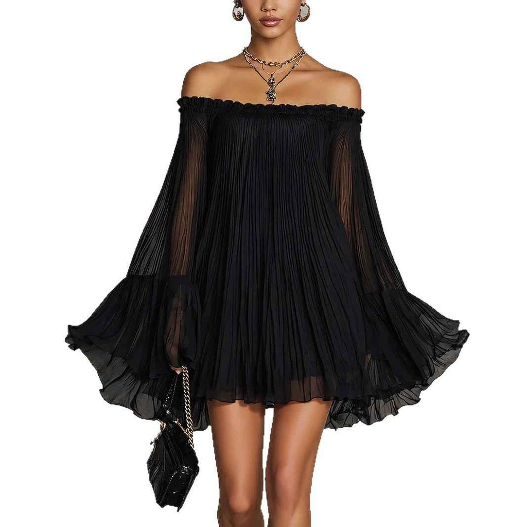 Elegant Black Off-Shoulder Backless Pleated Lantern Sleeve Mini Dress - MODALIFE