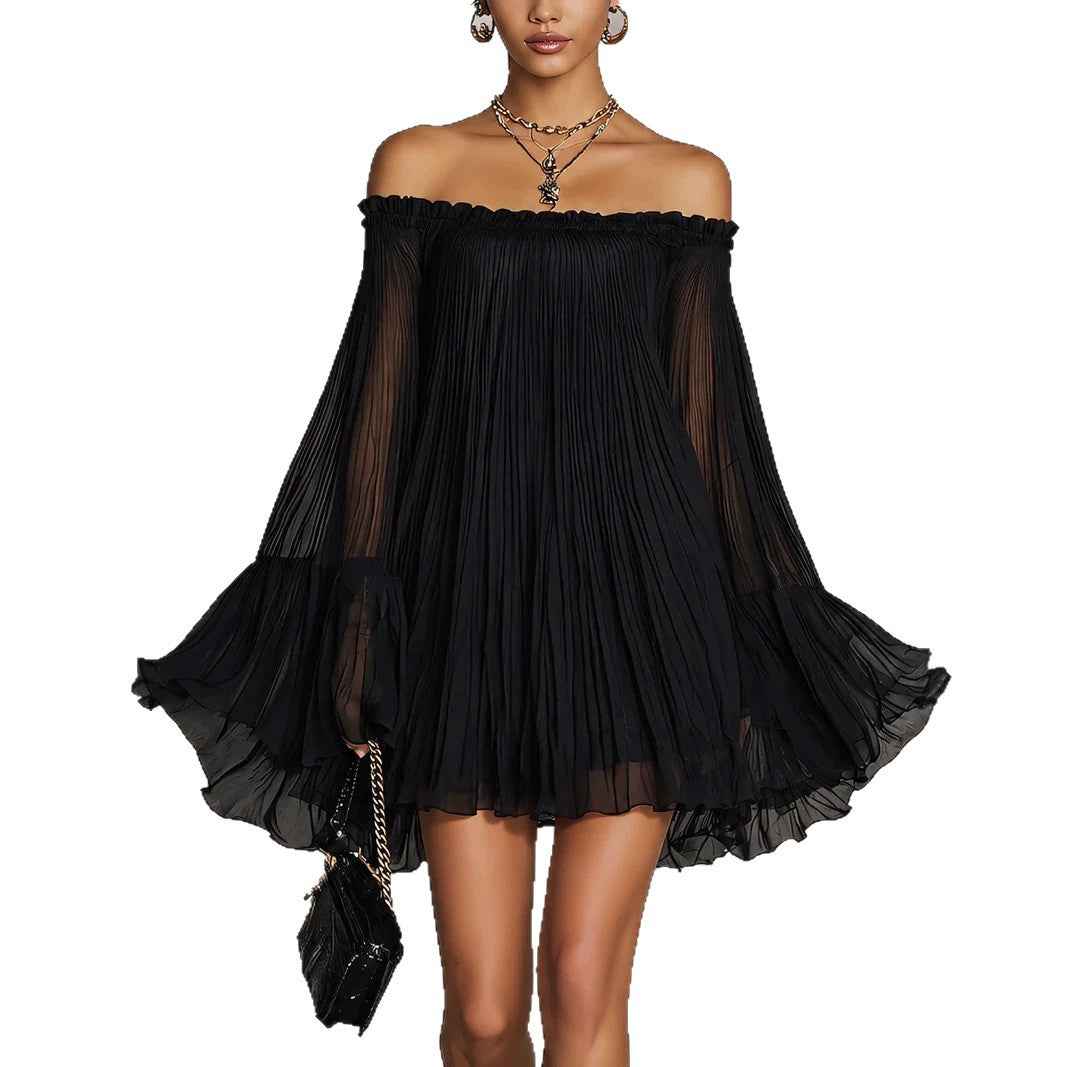 Elegant Black Off-Shoulder Backless Pleated Lantern Sleeve Mini Dress - MODALIFE
