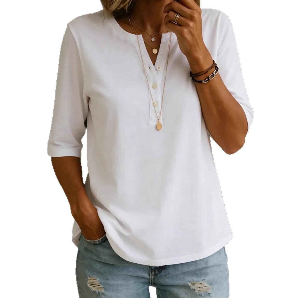 Classic Henley Neck Style Spring Summer New Women's Solid Color Button-Up Top - MODALIFE
