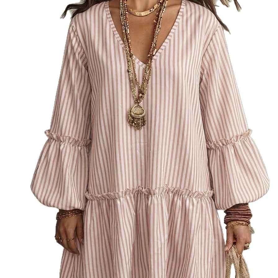 Style Autumn New Women's Long Sleeve Dress Stripe Print V-Neck Lantern Sleeve Loose Mini Dress - MODALIFE