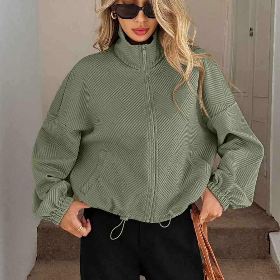 High neck zipper hem drawstring pocket women's loose jacket - MODALIFE
