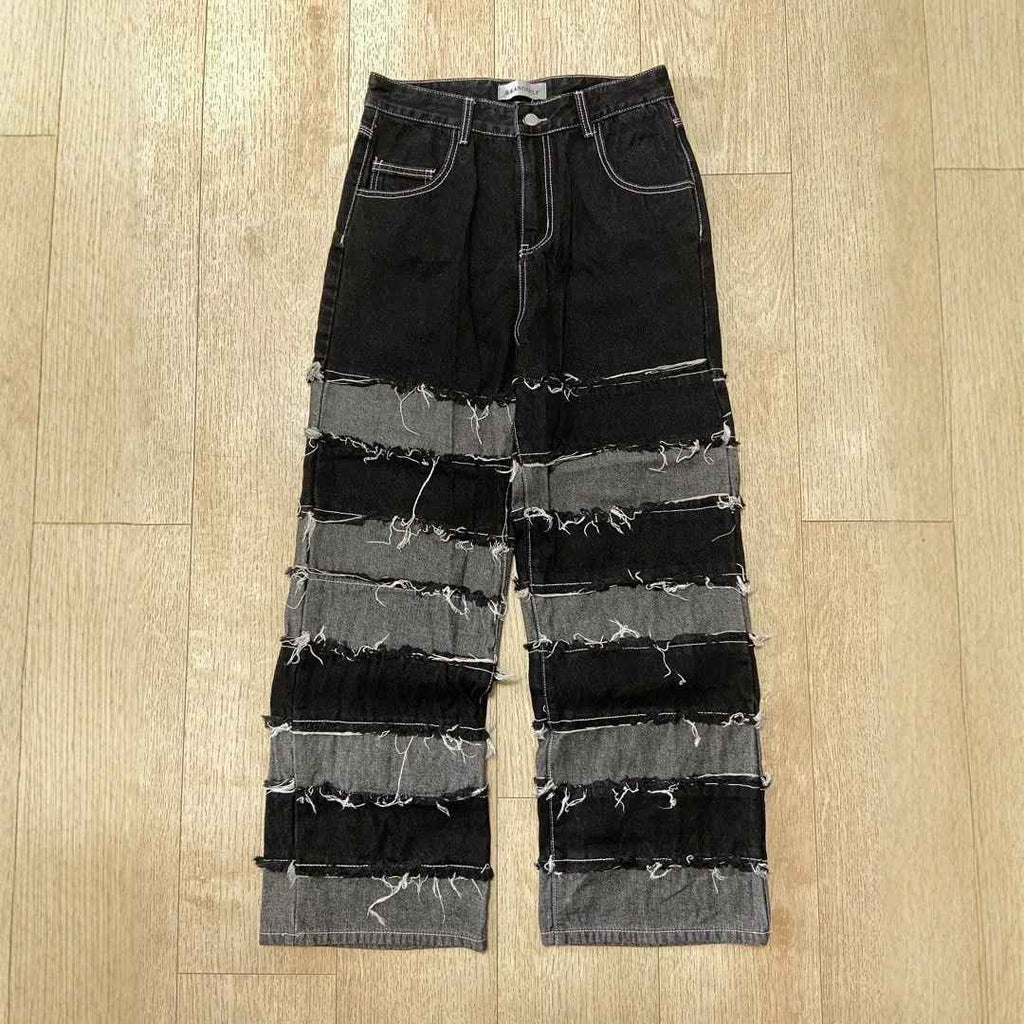 Street Deconstructed Black and Gray Patchwork Raw Hem Denim Pants - MODALIFE