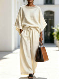 Fashion Casual Solid Color Lace Round Neck Loose Short Sleeve Pants Two-Piece Set - MODALIFE