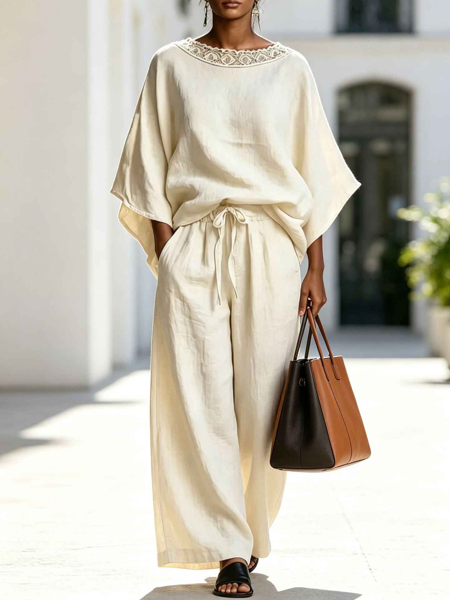 Fashion Casual Solid Color Lace Round Neck Loose Short Sleeve Pants Two-Piece Set - MODALIFE