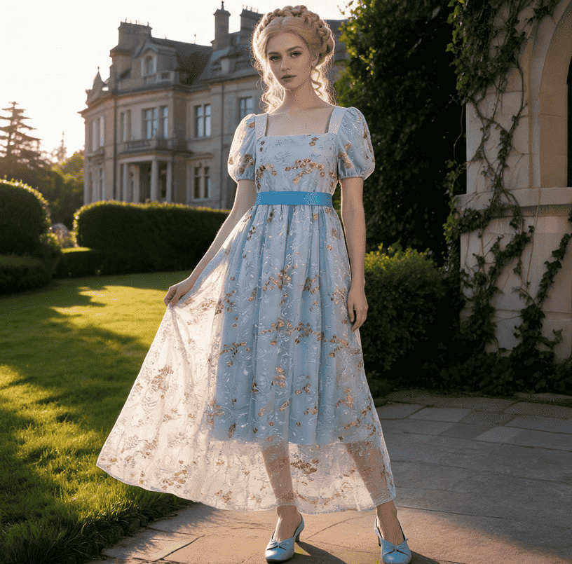 Vintage Empire Dress, Square Neck, Puff Sleeve, Long Cosplay Dress, Regency Style, Bridgerton Tea Dress - MODALIFE