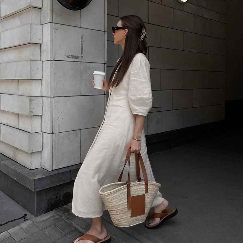 V-neck bubble sleeve loose mid length dress - MODALIFE
