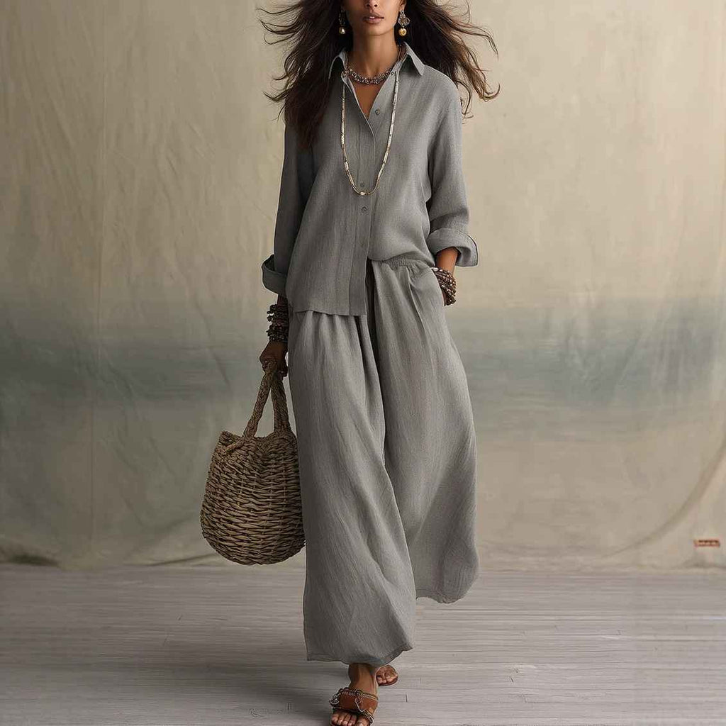 Summer High-End Shirt Collar Outfit Loose Cotton Linen Women's Set - MODALIFE