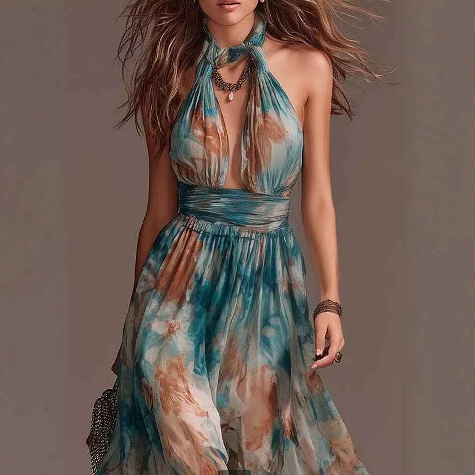 Hang Neck Backless Ink Print Vacation Style Casual Long Dress