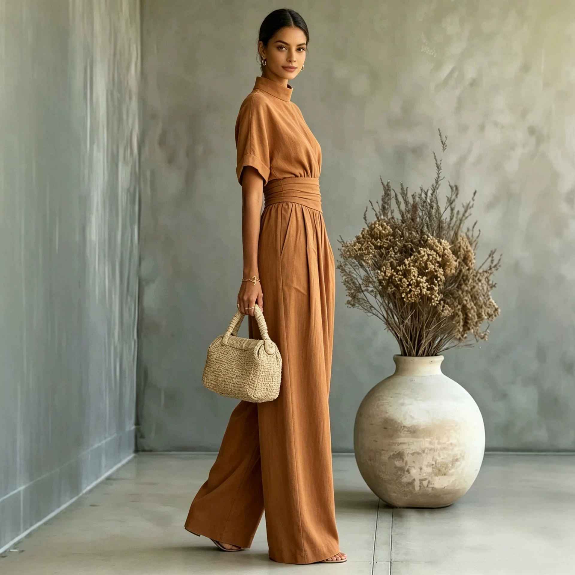 Half high neck short sleeved wide leg jumpsuit - MODALIFE