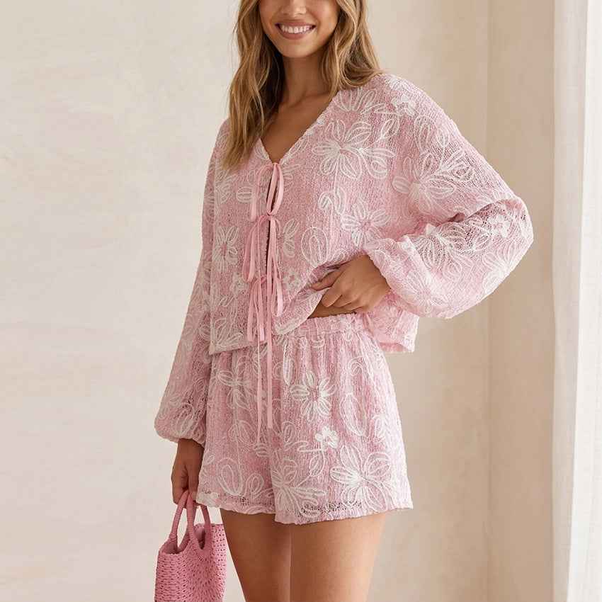 V-neck long sleeved lace up top and shorts two-piece set - MODALIFE