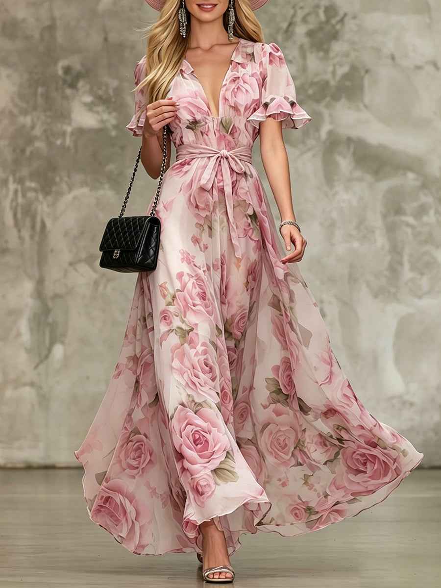 Deep V-neck ruffle sleeve printed dress - MODALIFE