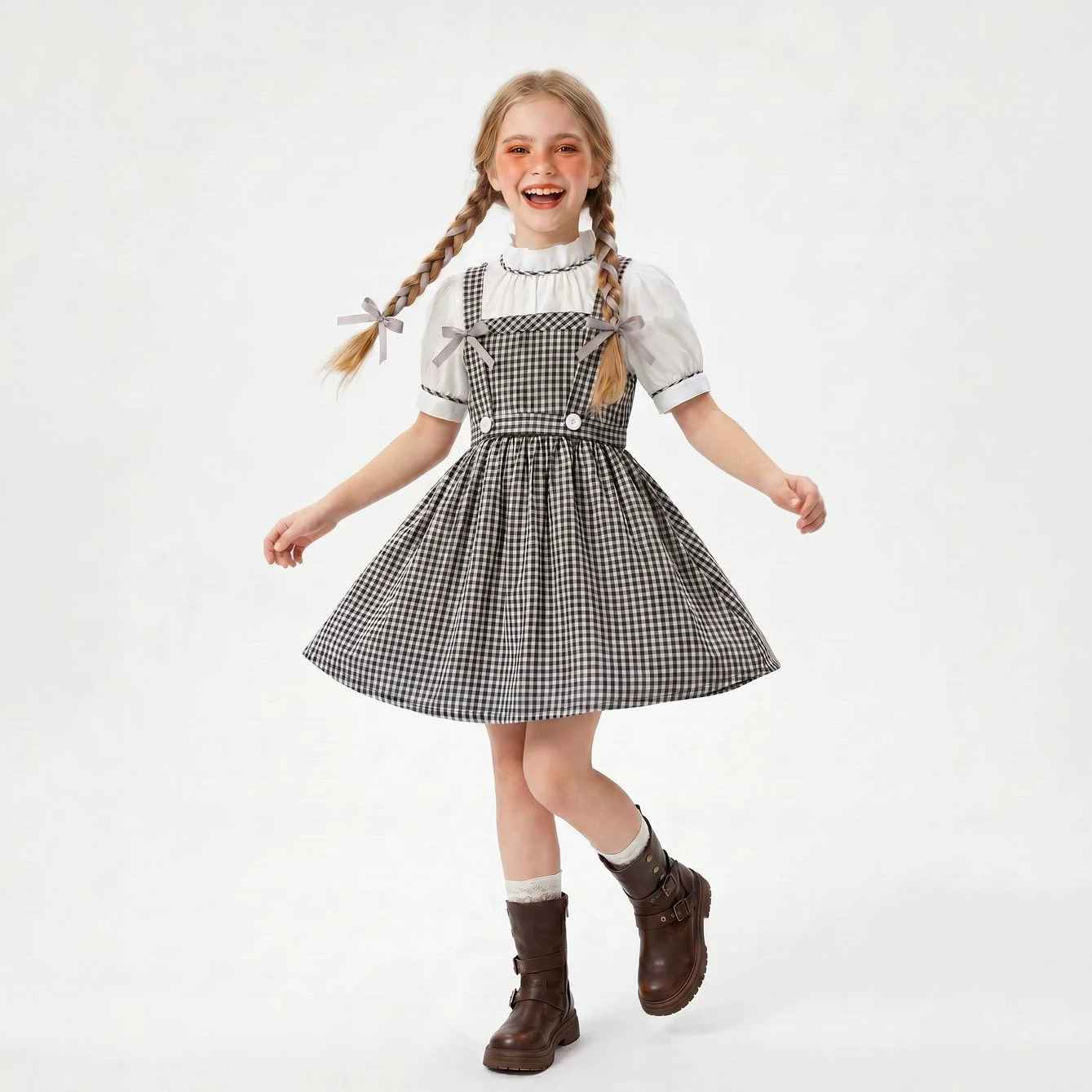 Vintage Mother-Daughter Matching Outfits Summer Black and White Checkered Overall Dress Set French Countryside Photo Shoot Mother-Daughter - MODALIFE