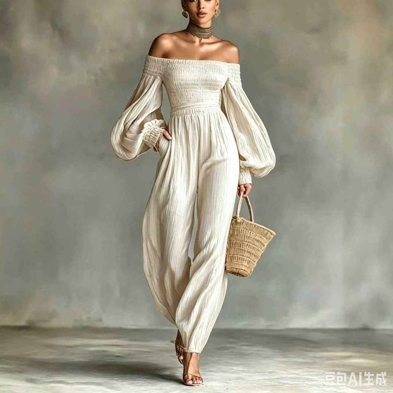 Style Off-Shoulder Lantern Sleeve Pleated Loose Jumpsuit for Women - MODALIFE